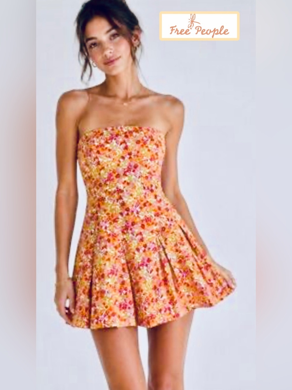 Free People Strapless Made Me Smile printed mini dress in citrus size M